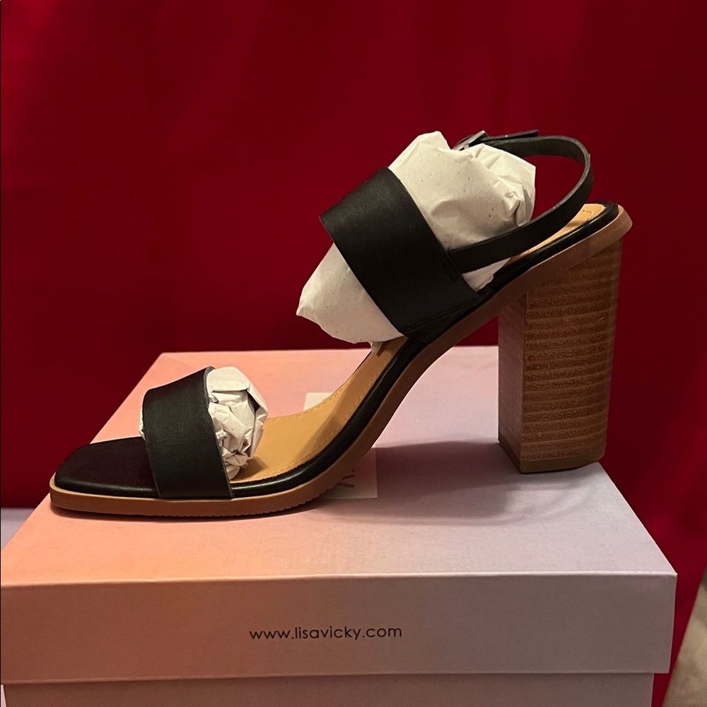 Lisa Vicky Black and Tan Block Heel Sandals